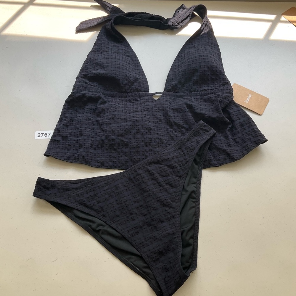 Samiol XL Black Navy Deep V Plaid Tankini Swimsuit New